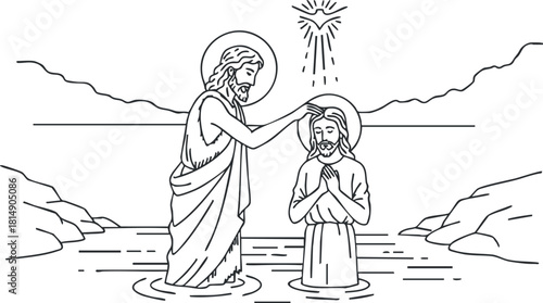Line art illustration depicting the baptism of Jesus, a significant Christian symbol of faith and spirituality