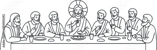 Minimalist line art illustration of the Last Supper featuring Jesus and his disciples, ideal for religious themes and educational contexts
