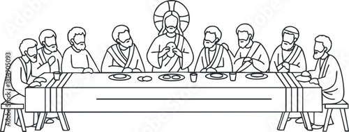 Minimalist outline vector illustration of the Last Supper featuring Jesus and his disciples, ideal for religious and educational contexts