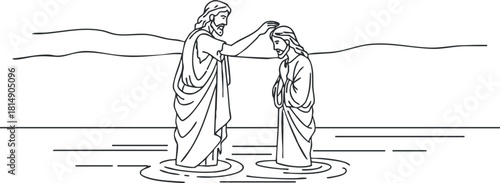 Line art illustration depicting the baptism of Jesus Christ, showcasing a serene spiritual moment in a minimalist style.