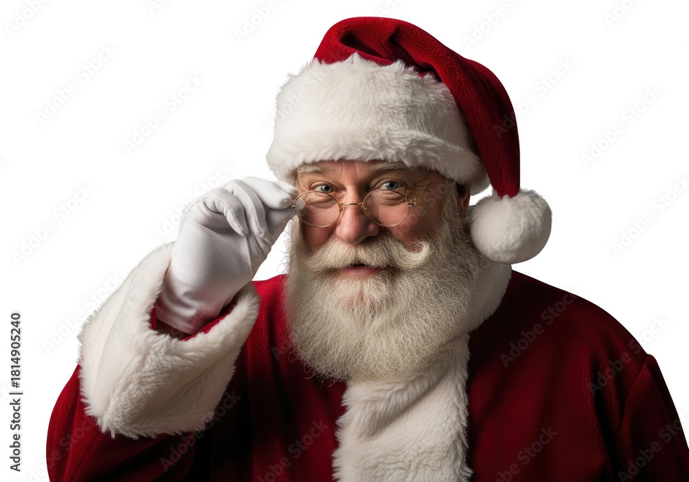 Naklejka premium Closeup portrait of a cheerful santa claus adjusting his glasses with a white gloved hand, isolated on transparent background