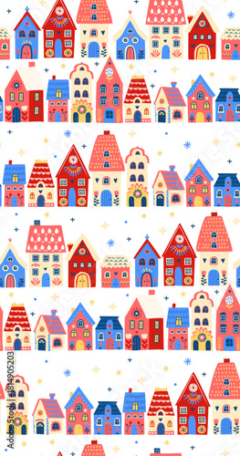 Scandinavian Winter Village seamless pattern, Cozy Folk Art Houses Illustration