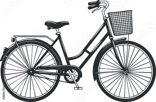 Minimalist black and white vector illustration of a bicycle with a basket, suitable for transportation and fitness themes