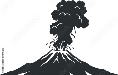 Stylized black and white vector illustration of an erupting volcano, ideal for environmental and geological design projects
