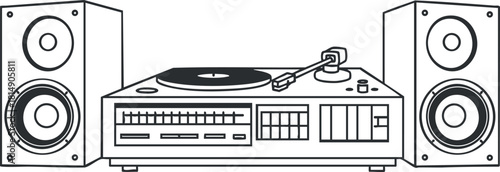 Outline vector illustration of a classic turntable and speaker system, perfect for music and audio-related design projects