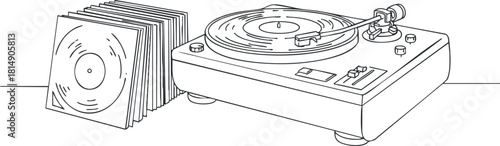 Outline vector illustration of a vinyl turntable with a stack of records, ideal for music and entertainment-themed projects