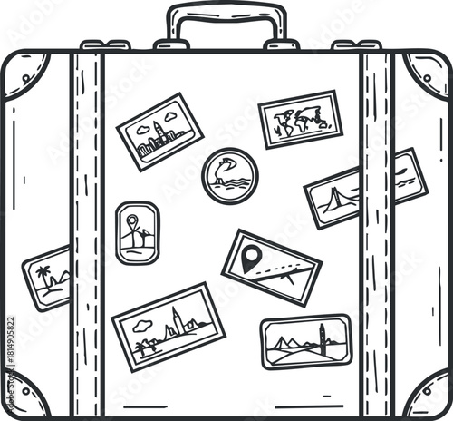 Outline vector illustration of a travel suitcase adorned with various travel-themed stickers, ideal for travel blogs and design projects