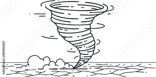 Outline vector illustration of a tornado swirling over a landscape, suitable for weather-related designs and educational materials