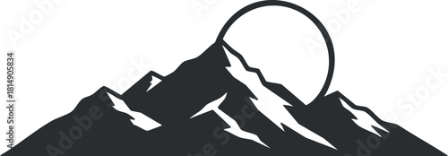 Minimalist black and white vector illustration of mountains with a sun, ideal for outdoor and adventure-themed designs