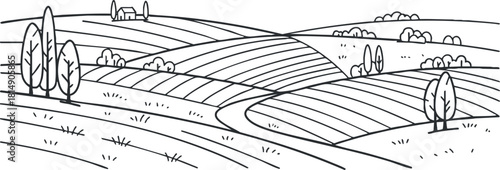 Minimalist black and white vector illustration of rolling countryside fields with trees, ideal for nature-themed projects