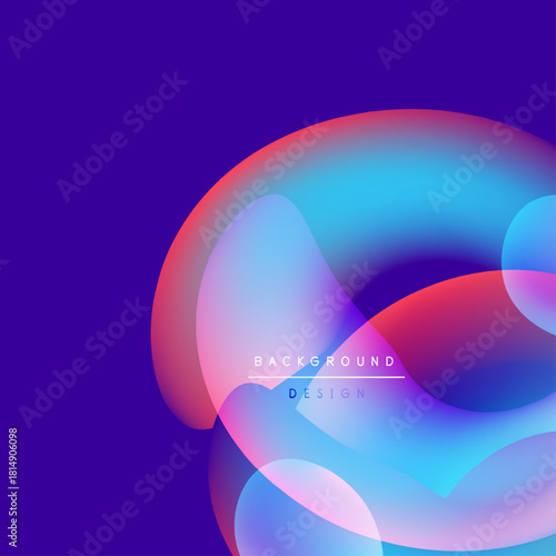 Abstract fluid shapes overlap, creating vibrant color gradients. Purple background complements blue, pink hues. Modern design element.