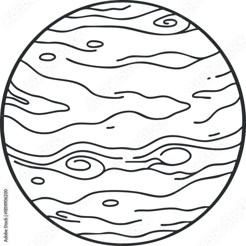 Stylized line art illustration of Jupiter, featuring smooth wavy patterns on a circular planet design for educational and creative projects