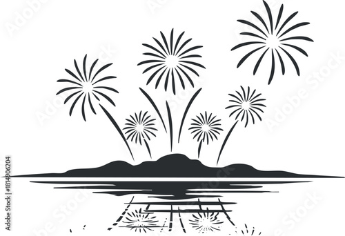 Minimalist black and white vector illustration of fireworks reflecting on water, perfect for celebration and event design.