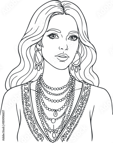 Stylized line art illustration of a fashionable woman with elegant jewelry and a sophisticated hairstyle for beauty and fashion design projects