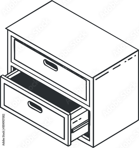 Outline vector illustration of a two-drawer cabinet for home or office storage solutions