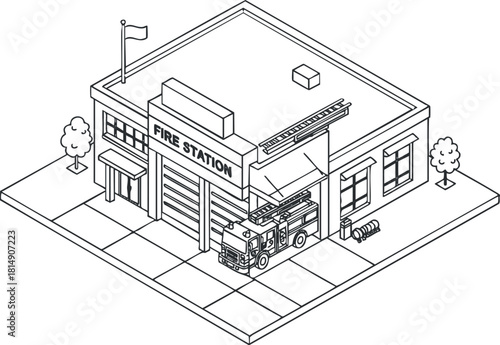 Isometric vector illustration of a fire station featuring a fire truck and emergency response elements for community safety.