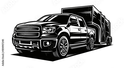 Monochrome illustration of a powerful pickup truck towing a large cargo trailer.
