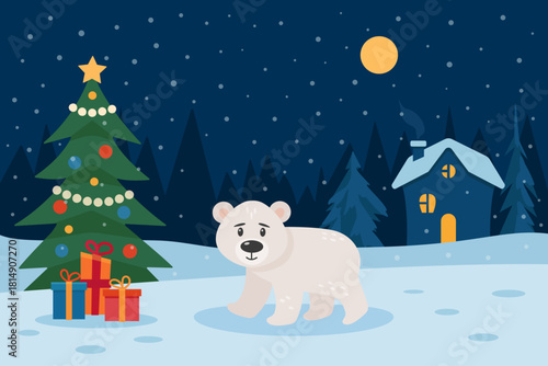 Christmas bear in a snowy village, decorated Christmas tree, gifts, cozy home and winter night. Perfect holiday illustration for cards, posters and holiday projects.