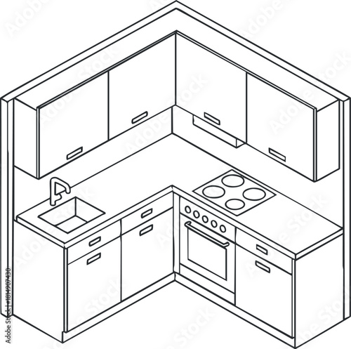 Isometric vector illustration of a modern kitchen layout featuring cabinets, sink, and stove for home design projects