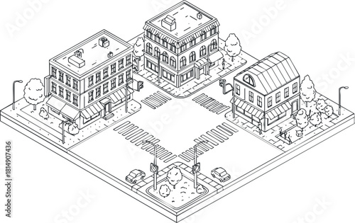 Isometric vector illustration of a vibrant urban street scene featuring buildings, roads, and a public park for design projects