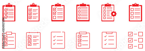 Task Setting Multi Style Icon Sheet Vector Design - clipboard with checklist and gear, representing task planning and process execution