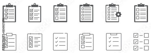 Task Setting Multi Style Icon Sheet Vector Design - clipboard with checklist and gear, representing task planning and process execution