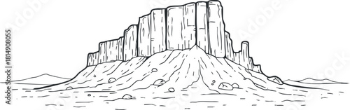 Detailed line art illustration of a rocky mountain landscape, showcasing a prominent cliff formation for outdoor adventure themes.