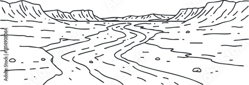 Minimalist black and white vector illustration of a winding river flowing through a mountainous landscape, ideal for nature-themed design projects