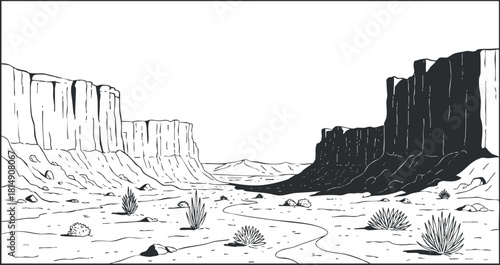 Minimalist black and white vector illustration of a desert landscape featuring rock formations and sparse vegetation for design projects.