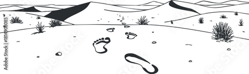 Minimalist black and white vector illustration depicting footprints in a desert landscape, ideal for travel and adventure themes