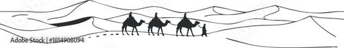 Minimalist line art illustration depicting a caravan of camels traversing a desert landscape, ideal for travel and adventure themes