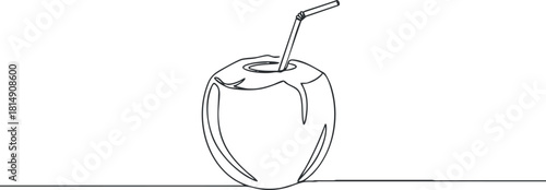 Minimalist line art illustration of a coconut with a straw, ideal for health and beverage design projects