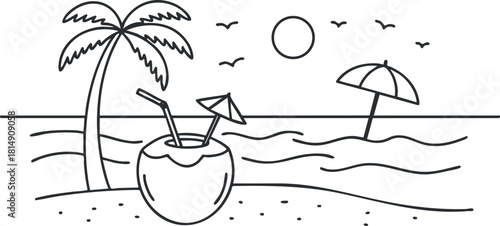 Minimalist black and white vector illustration of a tropical beach scene featuring palm trees, a coconut drink, and waves.