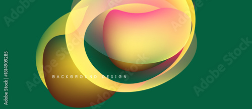 Abstract fluid shapes overlap, creating vibrant color gradients. Design features yellow, orange, green hues on dark background. Modern aesthetic.