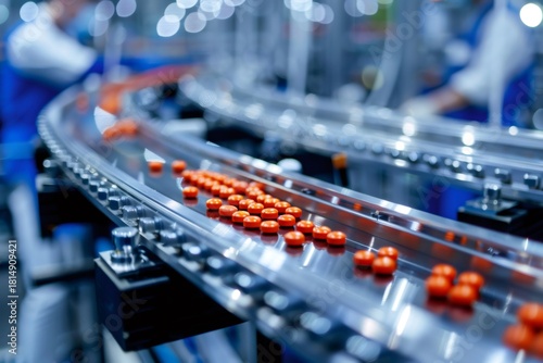 Pharmaceutical pills moving along automated production line in factory