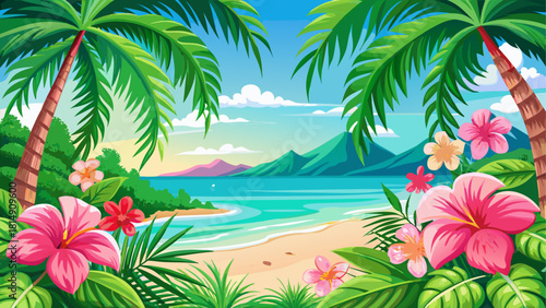 Very beautiful tropical beach scene framed with vibrant pink hibiscus flowers and lush green palm fronds, creating a refreshing and inviting natural border around a bright coastal landscape.