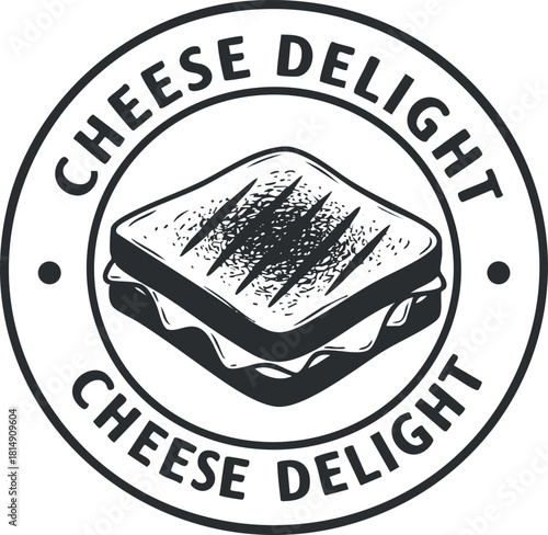 Circular black and white vector logo featuring a grilled cheese sandwich design, perfect for restaurant branding and food packaging