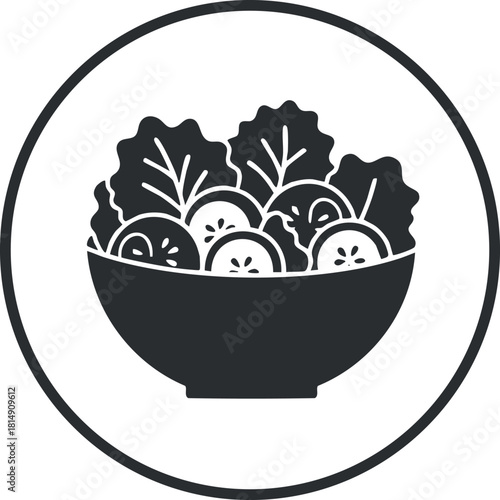 Stylized black and white vector illustration of a bowl filled with fresh salad ingredients for healthy eating concepts