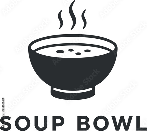 Minimalist black and white vector illustration of a soup bowl design, ideal for culinary and kitchen-themed projects