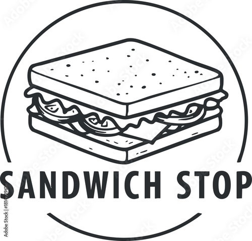 Stylish black and white vector illustration of a sandwich with the text 'Sandwich Stop' for logo design and branding purposes