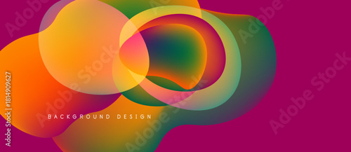 Abstract fluid shapes overlap, creating vibrant color gradients. Pink background emphasizes dynamic composition. Modern design element.