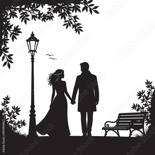 Couple silhouette stroll romantic scene in nature under trees near street light