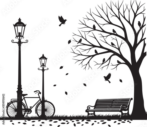 Silhouette illustration of autumn city park with bike bench tree and streetlights