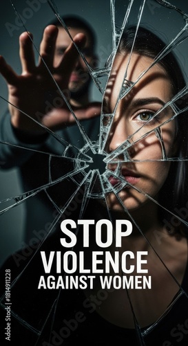 Distressed woman's face seen through cracked glass, blurred man's aggressive hand reaching from behind, representing domestic violence against women, urgent plea to stop all abuse.