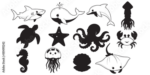 Collection of cute sea creatures, hand-drawn line art