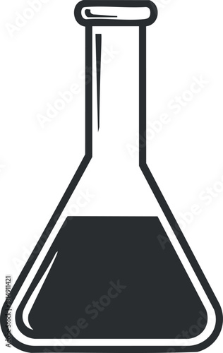Minimalist black and white vector illustration of a laboratory flask, suitable for science and education projects