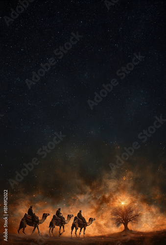 Rois mages à dos de chameaux dans le désert guidés par l’étoile de Bethléem sous ciel nocturne avec espace négatif copyspace pour visuel d’Épiphanie début janvier