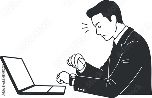 Modern vector illustration of a businessman checking his watch while working on a laptop, ideal for corporate and technology themes