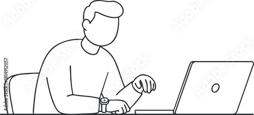Minimalist line art illustration of a man using a laptop and checking his watch in a workspace setting