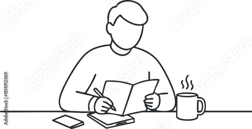 Minimalist line art illustration of a person reading a book while writing notes and enjoying coffee at a workspace